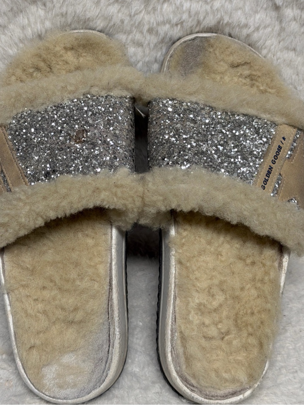 Golden Goose Silver Glitter & Cream Shearling Slides